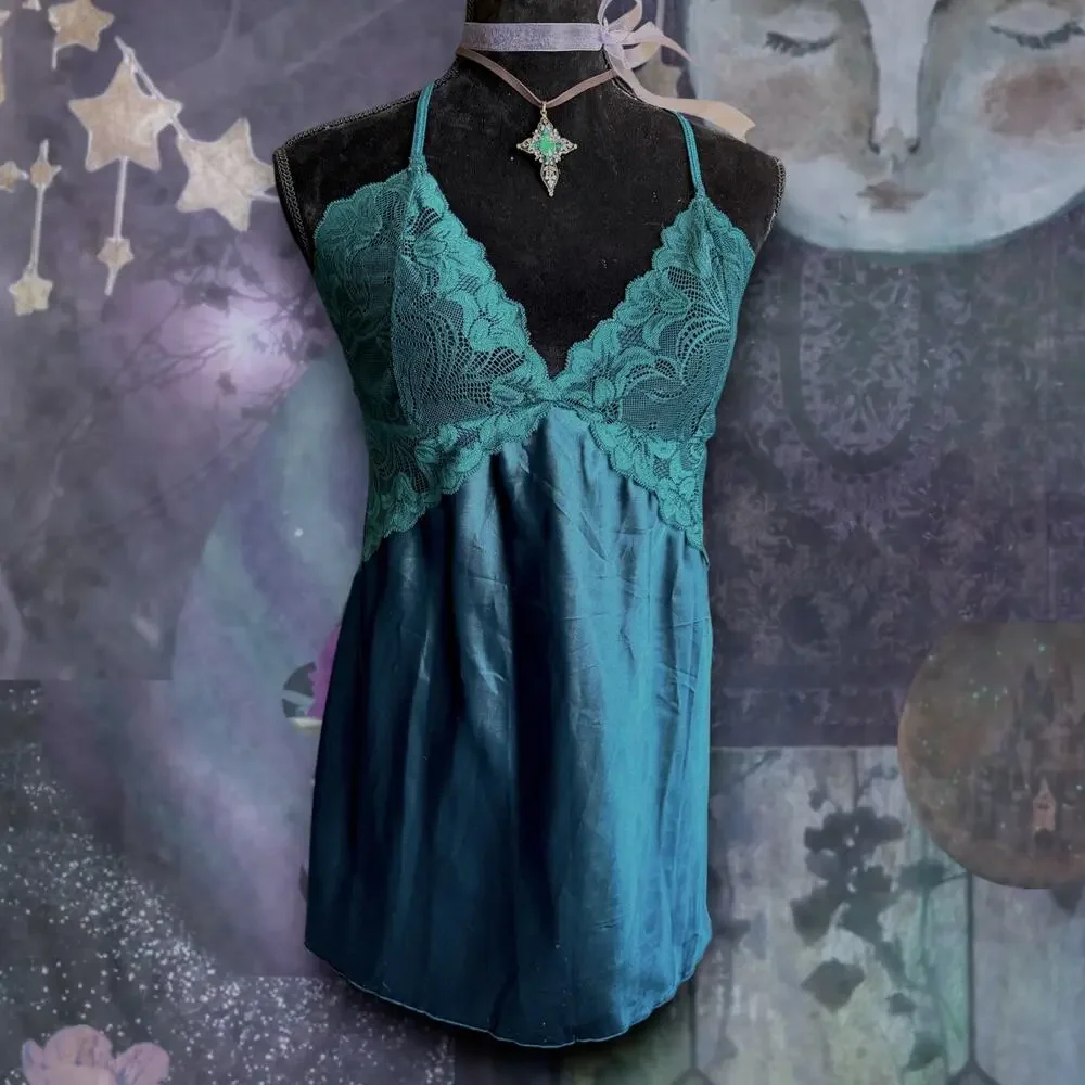 Emerald Teal Satin Chemise | Dark Fairy  Whimsigoth | Romantic Gothic Nightie